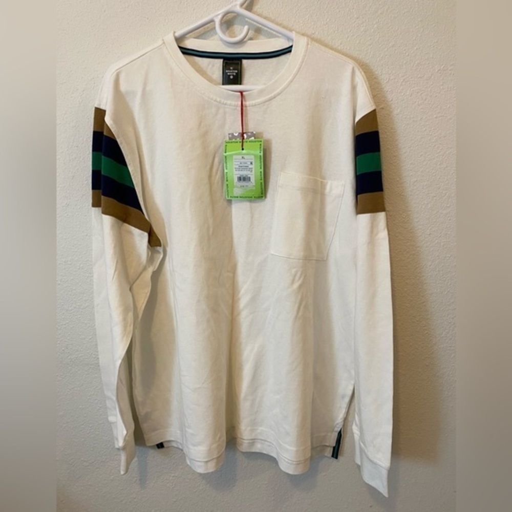 Men's White Long Sleeve Shirt with Striped Sleeves